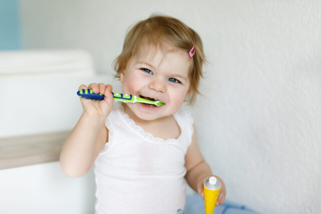 Little baby girl holding toothbrush and brushing first teeth. Toddler learning to clean milk tooth.