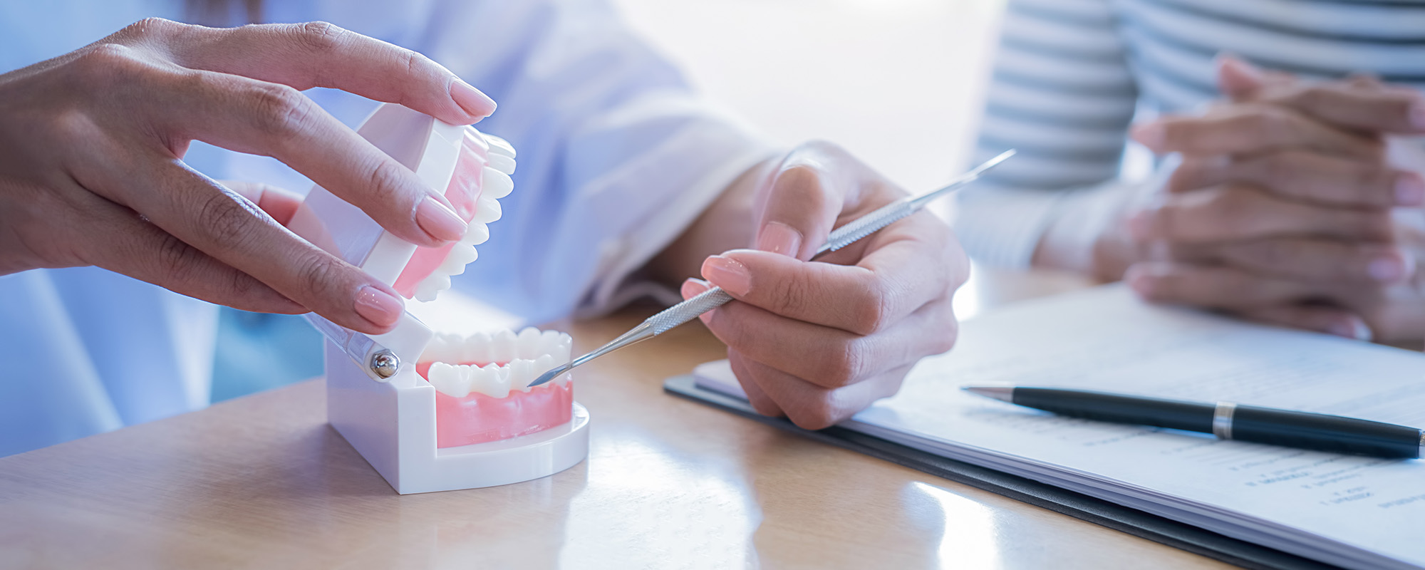 Dentist showing and explaining teeth disease treatment to patient using teeth model